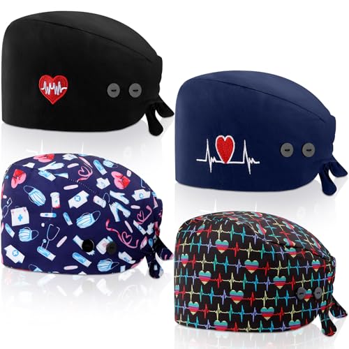 Image of Unittype 4 Pcs Nurse Caps for Women Nursing Working Caps with Button and Sweatband Adjustable Elastic Scrub Hats for Dentist