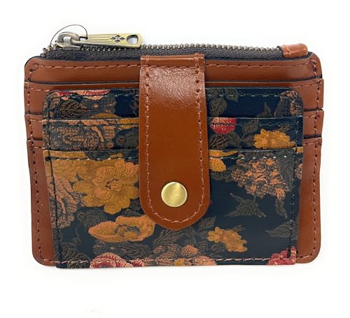 Image of Patricia Nash Cassis Leather Card Case Wallet, Denim Fields, Snap Button and Zip Closure, 4.75 x 3.75 in