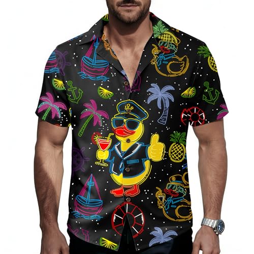 Zando Neon Shirts for Men - Funny Hawaiian Shirt Rubber Duck Cruise Vibrant Tropical Print Short Sleeve Button Down Rave Novelty Glow Outfits Top for 80s Party & Festival & Vacation Large