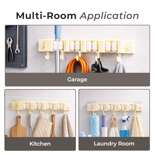 Image of HomeEssentials Mop & Broom Holder: Wall-Mounted Organizer with 4 Racks & 5 Hooks. Heavy-Duty Self-Adhesive Storage for Kitchen, Garage & Laundry. Space-Saving Utility Rack for Garden Tools (Beige)