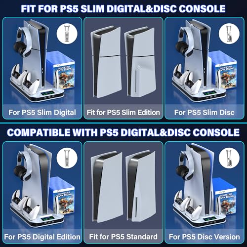 Image of PS5 / PS5 Slim Cooling Station with Controller Charging Station for PlayStation 5 Console Disc /Digital, Cooling Stand for PlayStation 5 Slim with Cooler Fan Accessories with 3 USB Hubs /Headset Holder