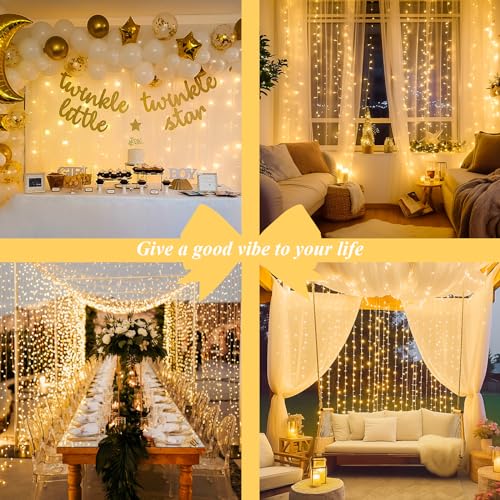 JMEXSUSS 300 LED Remote Control Christmas Curtain Lights, Plug in Fairy Curtain Lights Outdoor, Window Wall Hanging Curtain String Lights for Bedroom Backdrop Wedding Party Indoor Decor, Warm White - Image 5