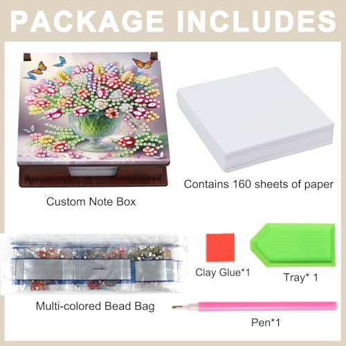 Image of MVVMTOP Diamond Painting Kit memo Box, Diamonds Art DIY Vase and Flowers Patterns Sticky Note Box Special Shape Drill, with 160 Sticky Note, Ideal for Home Office Supplies, Handicrafts, Holiday Gifts