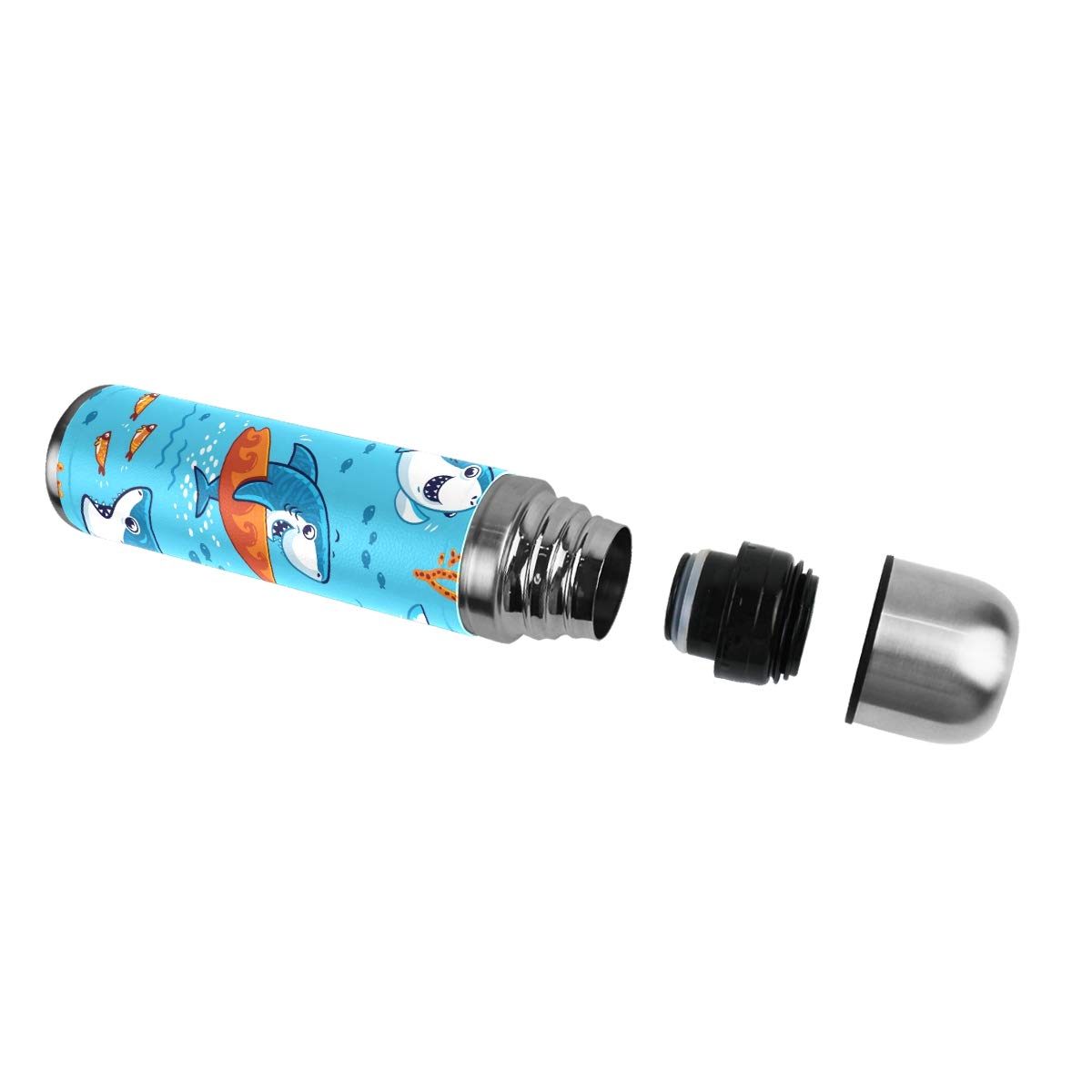 Taza de viaje aislada al vacío de acero inoxidable con doble pared a prueba de fugas, botellas de taza con diseño de tiburones con estampado personalizado impreso en piel auténtica, 500 ml