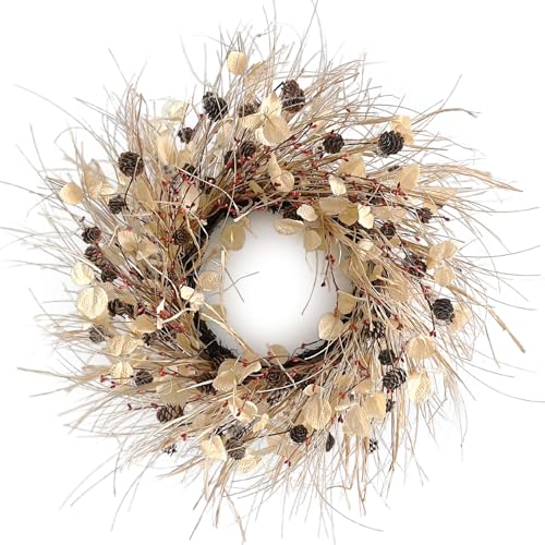 Fall Wreath for Front Door 24 Inch Fall Door Wreaths, Large Autumn Wreath with Berry Pinecones and Raffia, Grapevine Decor for Door Wall Window Home and Halloween Christmas Thanksgiving Decoration