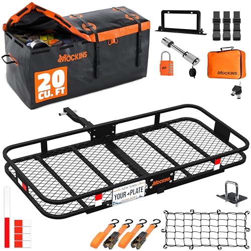 Mockins 60"x20"x6" Folding Trailer Hitch Cargo Carrier w/ 20 Cu.Ft. Waterproof Cargo Bag for Hitch Carrier | 500 Lbs. Capacity Weatherproof Luggage Rack for SUV Car & Truck w/Car Trailer Accessories