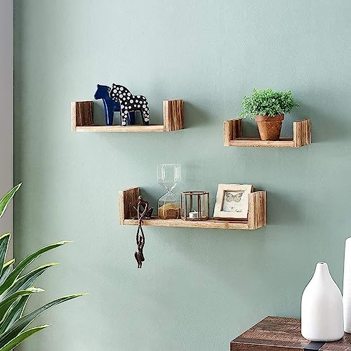 Halter Solid Wood Shelves, Floating Wood Shelves For Bathroom, Bedroom, Living Room, And Kitchen, Wooden Office Shelves, Rustic Floating Shelves Wall Storage, Floating Wall Shelf, Natural, Set Of 3 #TOP1