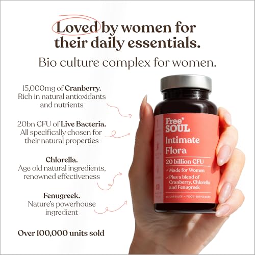 Intimate Flora for Women | 20 Billion CFU Fortified with 15,000mg Cranberry, Fenugreek & Chlorella | Bio Cultures for Women's Intimate Flora | 60 Capsules | Free Soul - Image 3