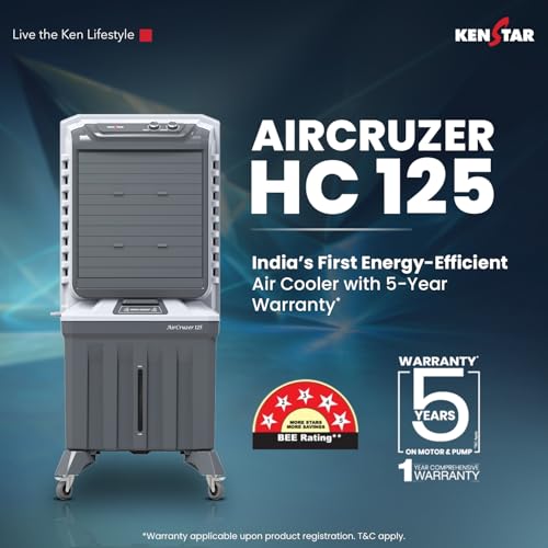 Image of Kenstar AirCruzer 125L Desert Air Cooler|125L Tank|Honeycomb Cooling Pads|60 ft Air Throw|3-Speed Control |Water Level Indicator|5 Star BEE Rated|5-Year Warranty on Motor&Pump|Light Grey & Light Dark