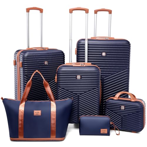 Hoteel 6 Piece Luggage Set (4-YEAR WARRANTY) Carry on ABS+PC Hard Shell Suitcase with Spinner Wheels & TSA Lock (Dark Blue)