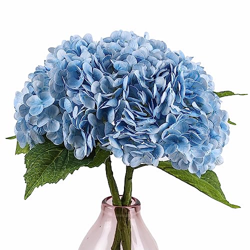 Duovlo 3pcs Faux 21″ Hydrangea Artificial Realistic Real Touch Lifelike Flowers Wedding Home Office Hecor Party Table Centerpieces (Light Blue)
