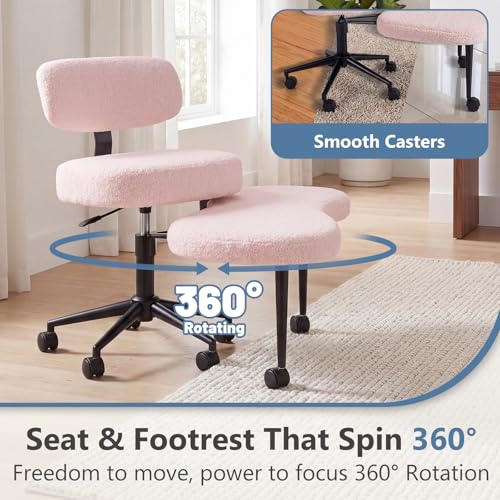 Image of DUMOS Ergonomic ADHD Meditation Office Desk Chair with Adjustable Backrest, Cross Legged Chair Height Adjustable with 360 Swivel Footstool, Yoga Stool for Home Office, Teddy Fabric Pink