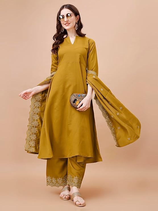 Kurta Set for Women Silk Embroidered Anarkali Kurta Set for Women with Palazzos and Dupatta