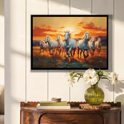 Image of PAINTINGMANTRA 7 Running Horses Vastu Framed Wall Art Painting For Living Room, Seven White Horses Poster with frame for Wall, Decoration item for bedroom, 13x17.5 Inch