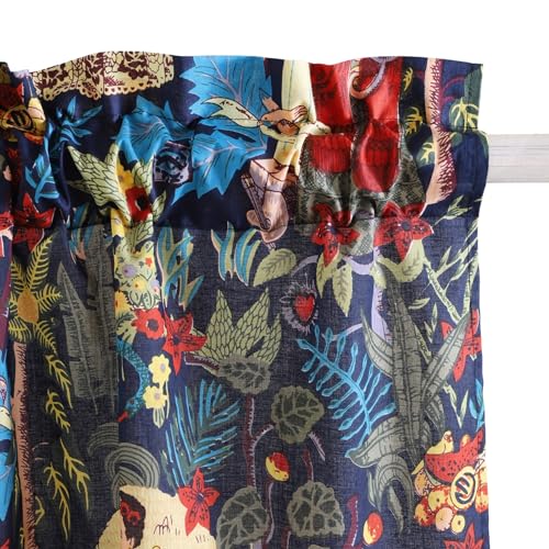 Image of Ravaiyaa - Attitude is everything Hand Printed Half Window Kitchen Curtain 100% Cotton Short Drapery Valance Curtain 40 inch X 18 inch Inch (Blue Floral)