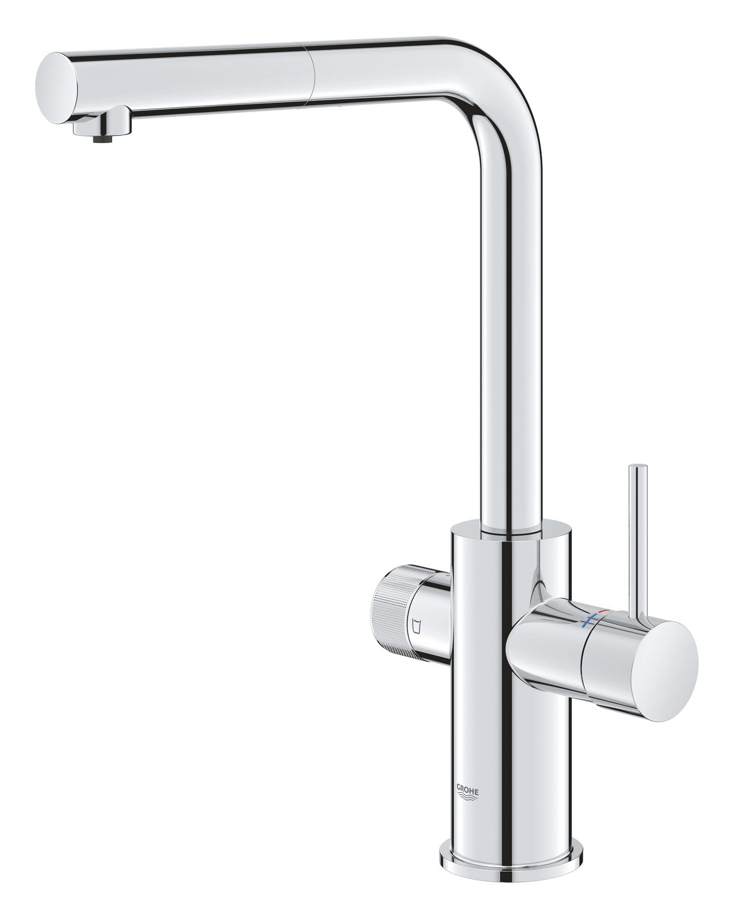 GROHE Blue Pure Minta Robinet de Cuisine avec Système de Filtration, Poignée Séparée pour Eau Filtrée, Mousseur Extractible, Bec Haut, Chromé, 30601000 (Import Allemagne)