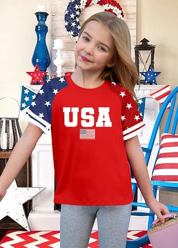 Image of CAZYCHILD Girls 4th of July USA Shirt American Flag Patriotic T-Shirt Independence Day Outfit for Kids 5-14Years