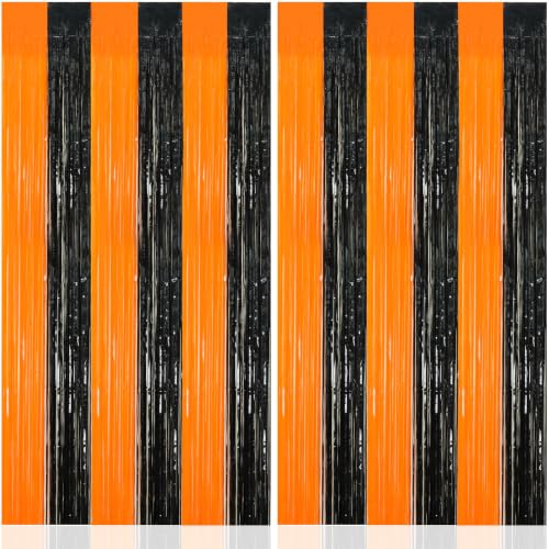 Image of 2 Pack Fringe Curtains Backdrops, Foil Fringe Curtains, Door Streamers for Birthday Wedding Bridal Shower Holiday Graduation Party Decorations Black Orange