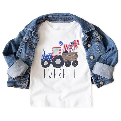 Personalized 4th Of July Tractor Shirt For Kids - Custom Name Monogram Farm Tractor American Flag Outfit - Toddler & Youth Boho Natural Kids Shirts3