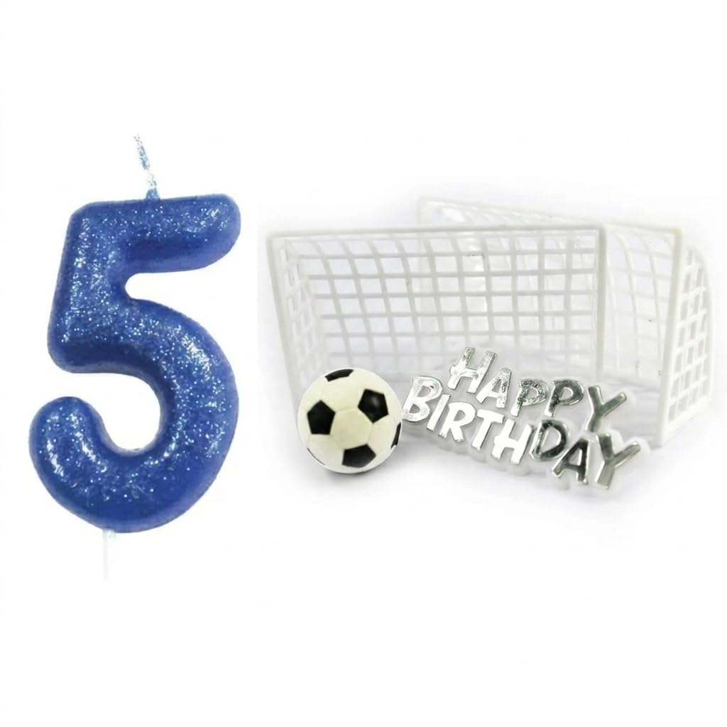 Age 5 Birthday Candle Set - Blue Glitter Numeral Candle with Football Theme Cake Topper Kit - Kids Cake Decorations for 5th Birthday Party - AMZ027