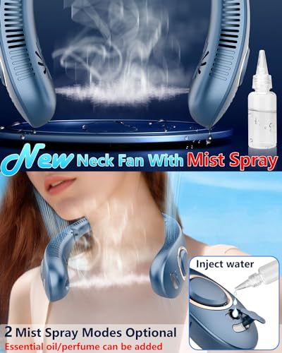 Image of Personal Neck Fans Mister with Water Spray, 4000mAh 4-9H Lasting, Mini Foldable Leafless AC for Neck Face Shoulder, LED Cordless Hanging Wearable Headphone Fan for Kid Adult Worker Hot Weather, Blue