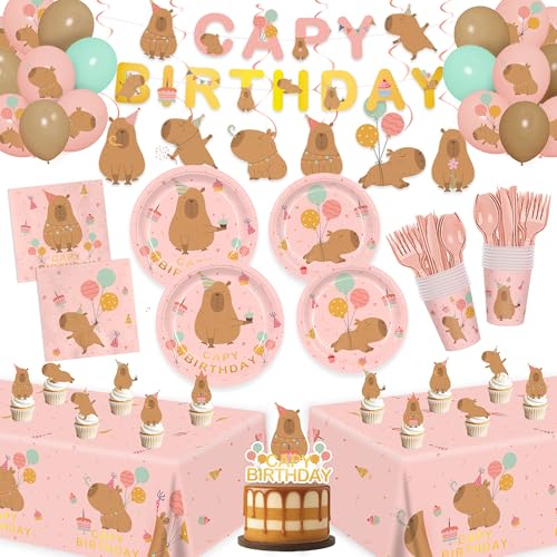182pcs Pink Capybara Plates Napkins Birthday Party Supplies Disposable Tableware Set Includes Cups Banner Tablecloths Cake Topper Balloons for Girls Capybara Birthday Party Decorations Serve 20 Guests