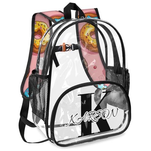 Personalized Large Clear Backpack Stadium Approved Heavy Duty PVC Plastic Custom Donuts Transparent Backpacks See Through Bag with Name, Sweet Donut2