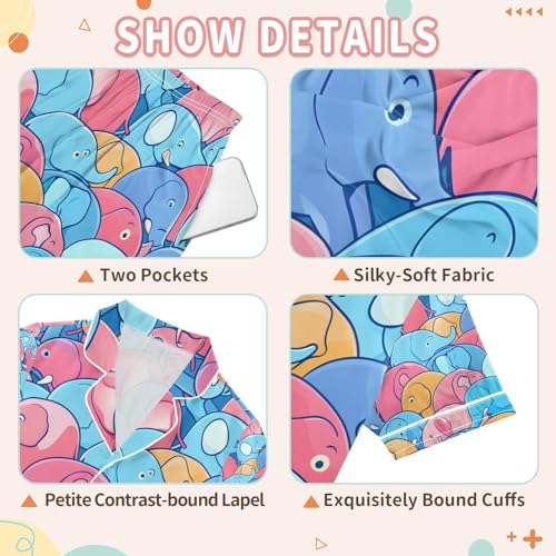 senya Cute Elephants Blue Satin Summer Pajama Sets Silk Short Sleeve Button Down Sleepwear3