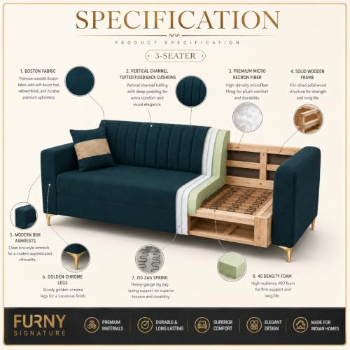 Image of FURNY Signature Regalia 3 Seater Sofa Set | Boston Fabric | 40D Foam + Zigzag Spring | 3-Yr Warranty (Peacock Teal & Warm Beige) | Modern Living Luxury Sofa Set for Home, Office & Hotel Spaces
