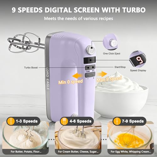 Image of Lord Eagle 9-Speed Digital Hand Mixer Electric Handheld, 500W DC Motor Kitchen Mixer for Cake Baking, Lightweight Egg Beaters with Stain-resistant & Waterproof Storage Bag & 6 Accessories, Purple