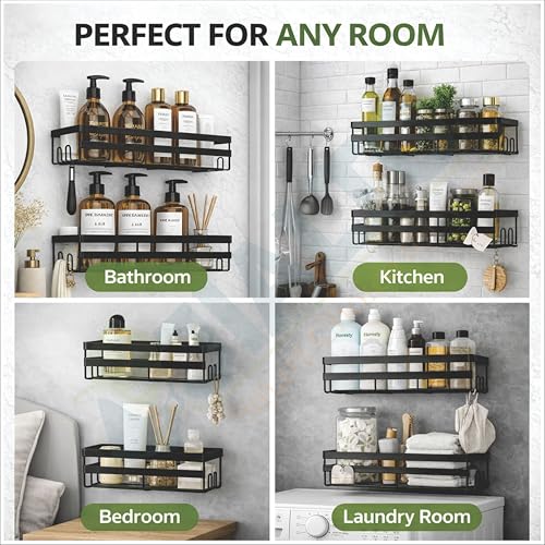 Image of JIALTO 2 Pieces Heavy Duty Self Adhesive Bathroom Accessories Set | Racks for Bathroom | Multipurpose Wall Mounted Washroom Organizer | No Drill Bathroom Shelves | Soap Rack for Bathroom (Black)