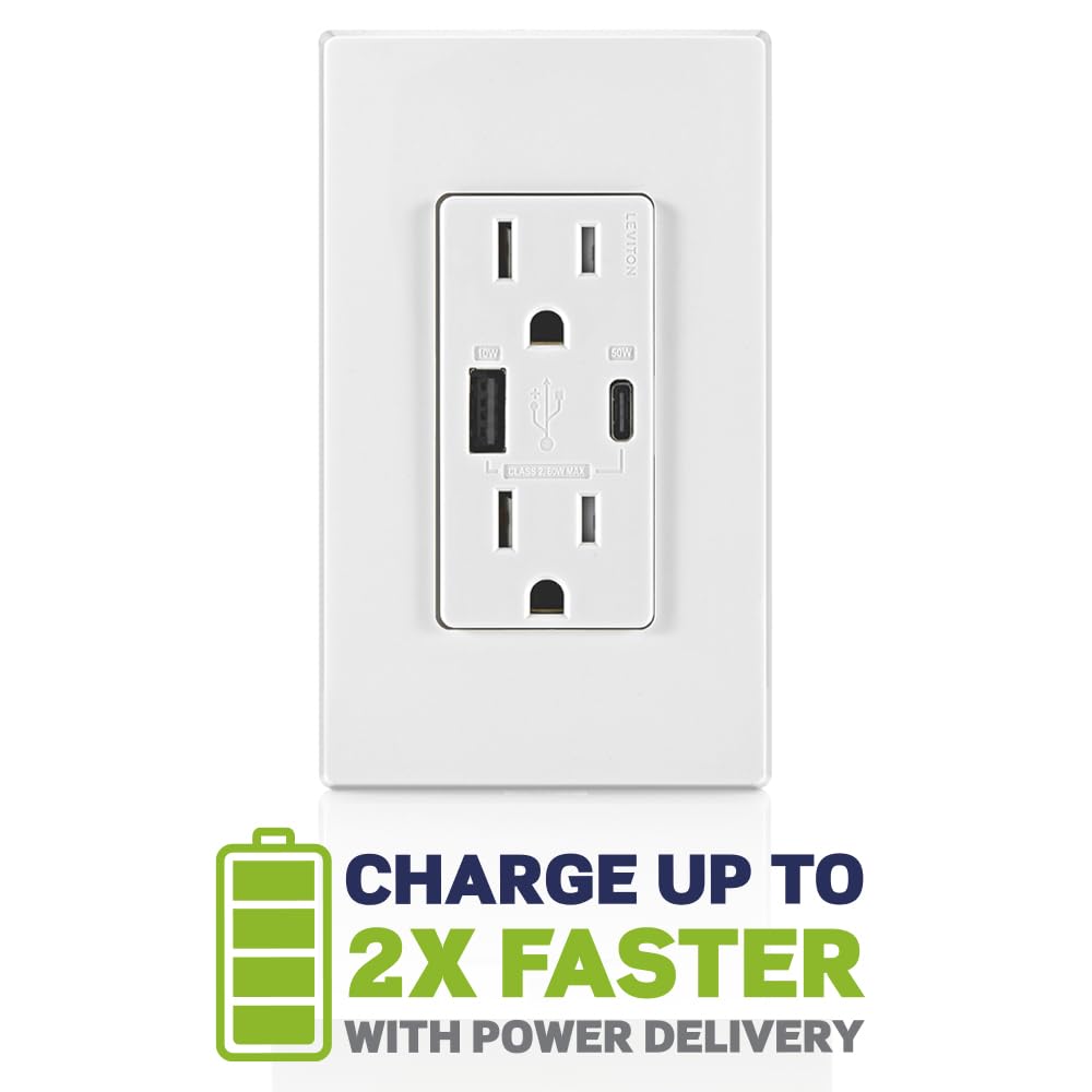 Leviton T5634-W 60W USB Type A/Type-C Power Delivery In-Wall 