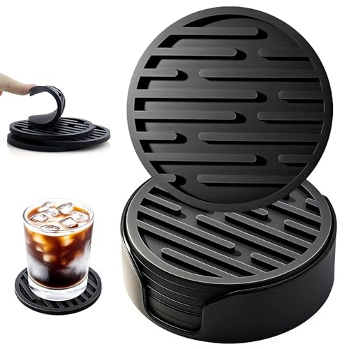 Ateweita Posavasos Juego, Redondo Antideslizante Portavasos con Soporte, Silicone Coasters para Taza, Mesa, café, Bar, Bebidas, Drinking Coasters Cup Mat, 6 Piezas, Negro