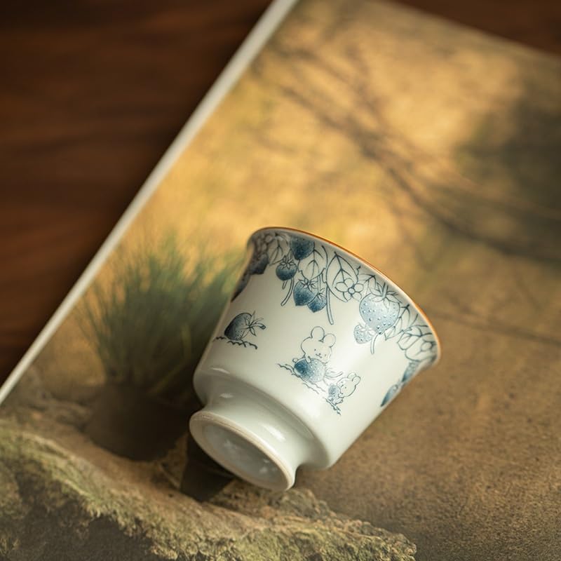 Tea Cup Ceramic Antique Glaze Handmade Blue and White Raspberry Rabbit Host Soaking Container