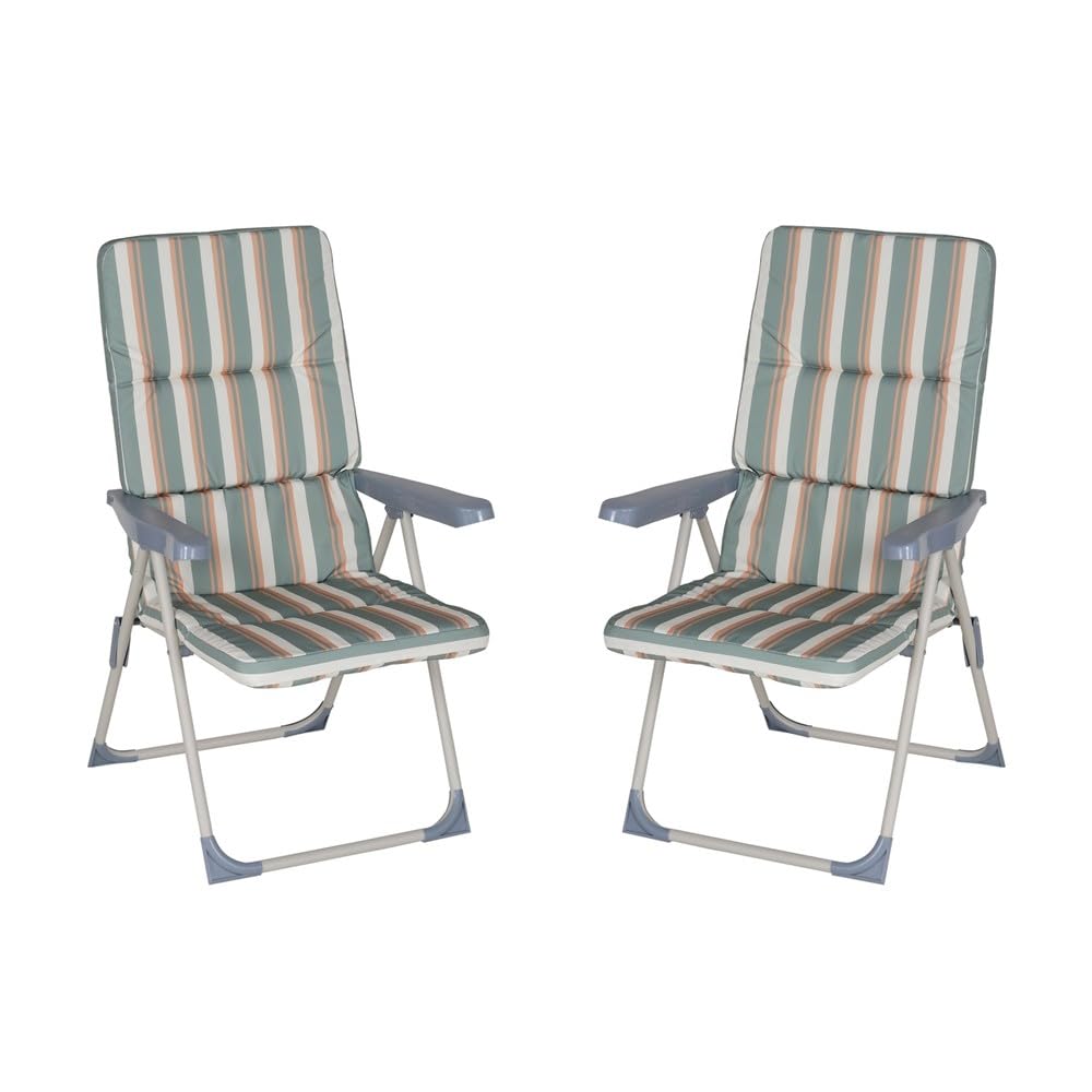 LOLAhome Set de 2 Sillones de Jardín Acolchado y Reclinable 4 Posiciones Verde Multicolor. Estructura de Tubo de Acero anticorrosión y Lona a Rayas. Colchón de 5 cm de Grosor, Plegable. 61x58x106 cm