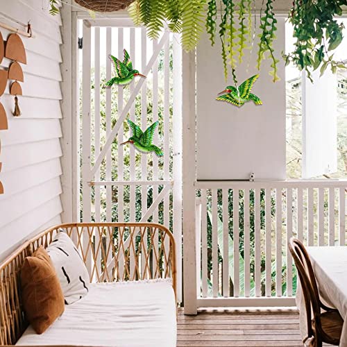 J-Fly Metal Glass Hummingbird Wall Decor 3D Hummingbird Design Hand Painted Living Room Glass Wall Art Outdoor Patio Hanging Home Bedroom Garden Patio Porch or Fence Green 10 inch - Image 2