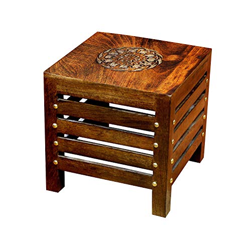 Image of Furniture Cafe Wooden Stool for Living Room, Sitting Chair for Home, Handcrafted Antique Finish | Handmade Table for Outdoor /Indoor Decor |Home Furniture (Square Caving Floral Top Stool, 29X29X30 Cm)