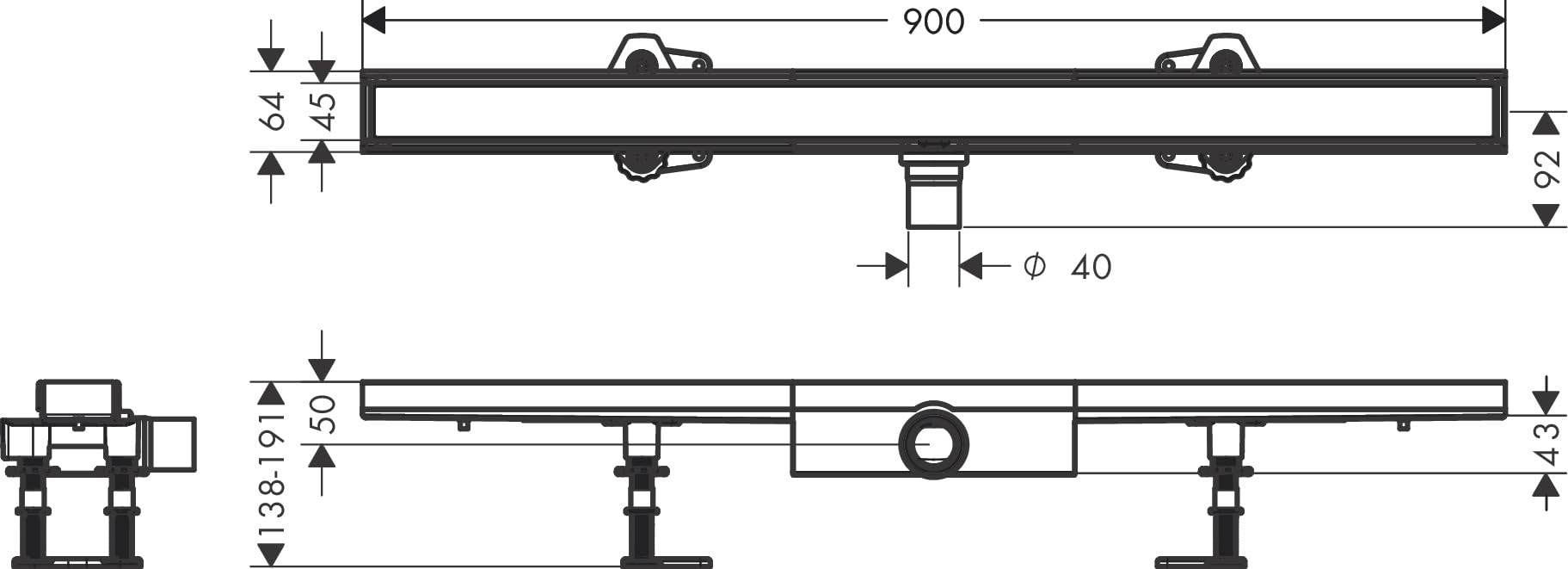 hansgrohe RainDrain Compact - kompletny odpływ liniowy, kanał prysznicowy 900 mm, odpływem prysznicowym niski, ruszt do wyłożenia płytkami