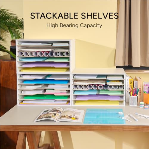 Image of Yumkfoi 12x18 Construction Paper Organizer, Larger Size Wooden Literature Organizer, 6-Tier Desktop File Organizer for Home and Classroom, Adjustable Paper Sorter for Office
