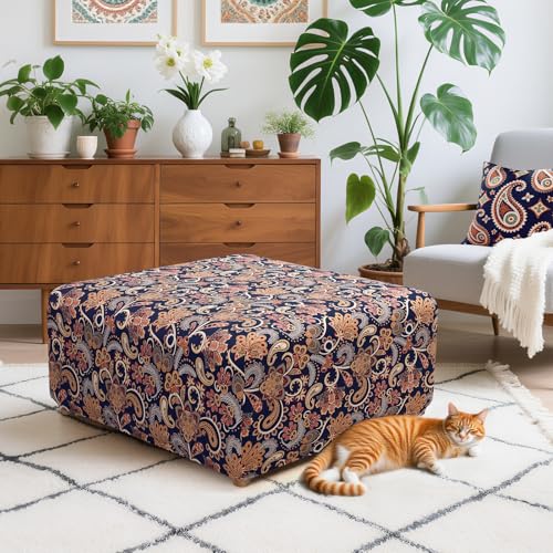 Image of YISUN Ottoman Cover Square, Stretch Printed Ottoman Slipcover Square, Thick Storage Ottoman Covers Washable Footrest Stool Cover Protector with Nonslip Elastic Bottom