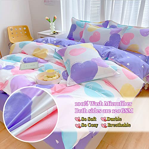 Cinyana Colorful Love Heart Duvet Cover,3 Pcs Kids Duvet Cover Set,Kawaii Comforter Cover Set,Cute Bedding Set Zipper And 2 Pillowcase Soft Reversible Design(Love,Full/Queen) #TOP2