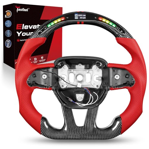 Tesfeel LED Carbon Fiber Steering Wheel for Dodge Challenger 2015–2024, 3K Glossy Finish, D-Shape Flat-Bottom, Red Grip with Red Stitching & Dual Center Stripes