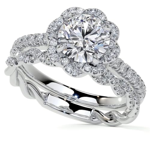 1CT-3CT Round Cut Moissanite Wedding Ring Set for Women Halo Bridal Handmade Ring, Promise Eternity Sterling Silver Solid Gold Diamond Solitaire 4-Prong Ring