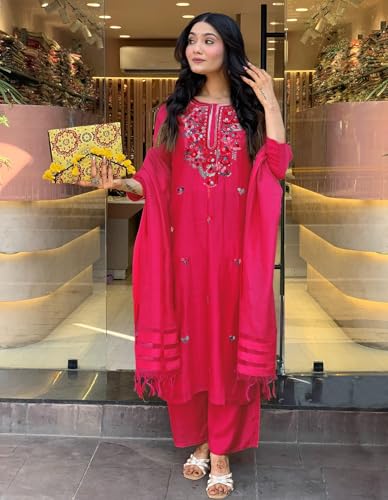 Image of ANNI Designer Women's Rayon Viscose Embroidered Straight Kurta with Pant & Dupatta