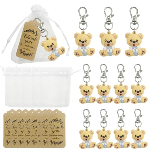 DUGYIRS 30 conjuntos os convidados para o Baby Shower devolvem presentes, inclui porta-chaves de animais, bolsas de organza e etiquetas de agradecimento para comunhão, batizado, festa (azul urso)