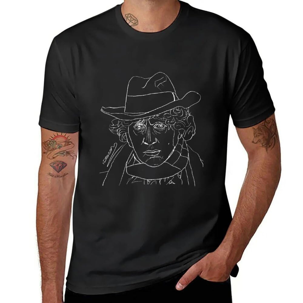 Amdetuns Men's Black Tom Baker 4Th Doctor (White) T-Shirt Edition T Shirt Tees T Shirt Kawaii Clothes Funny T Shirts For L