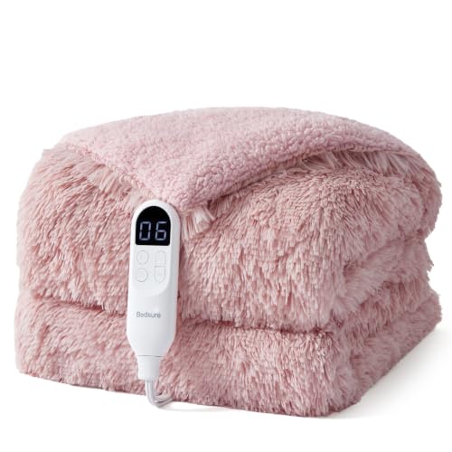 Image of Bedsure Faux Fur Heated Blanket Throw, Long-Pile Electric Blanket, Pink