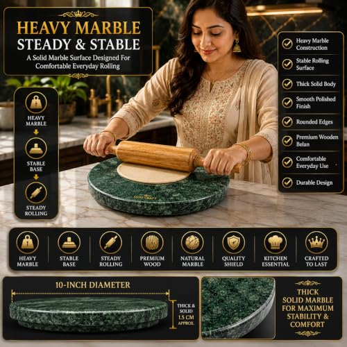 Image of 10 Inch Green Marble Chakla Belan Set | Indian Marble Roti Rolling Board | Roti Maker Phulka Maker Chapati Maker | Smooth Finish Heavy Duty Chakla with Wooden Rolling Pin for Home & Kitchen