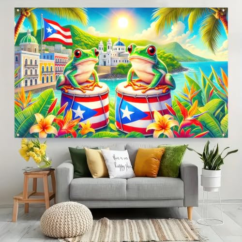Image of BlissYard Puerto Rico Banner 71 x 43 Inches Tropical Frog Drum Flag Backdrop Puerto Rican Culture Caribbean Festival Party Decoration Wall Hanging for Fiesta Parade Home Outdoor Decor