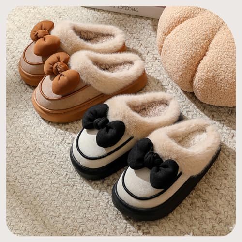 Women Bow Slipper for Fall Winter Thick Sole Indoor Cute Fuzzy Footwear Soft Warm Comfy Furry Outdoor Slippers4
